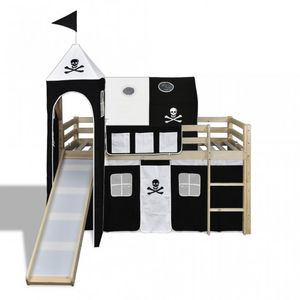 WHITE LABEL - lit mezzanine bois avec échelle toboggan et déco noir - Lit Enfant