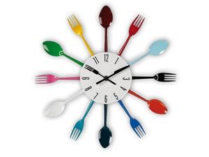 WHITE LABEL - horloge avec fourchettes et cuillères colorées dec - Horloge Murale