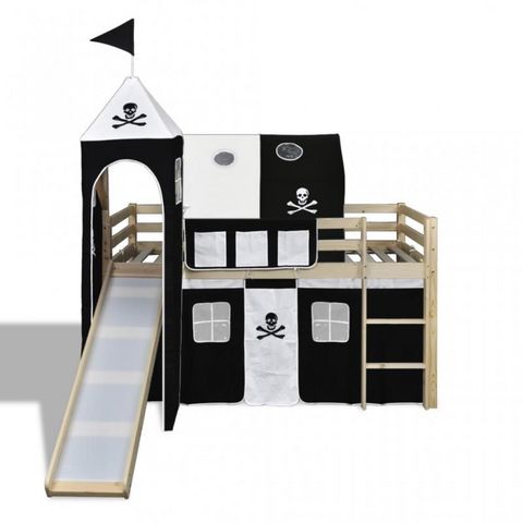 WHITE LABEL - Lit enfant-WHITE LABEL-Lit mezzanine bois avec échelle toboggan et déco noir