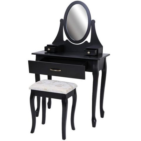 WHITE LABEL - Dressing table-WHITE LABEL-Coiffeuse bois noir miroir tabouret
