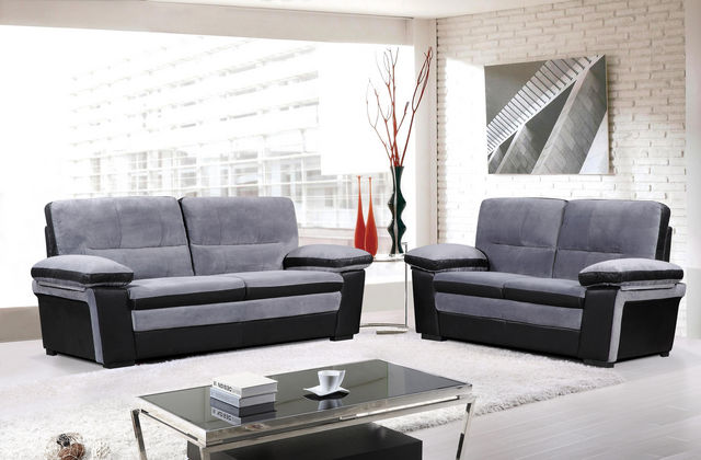 WHITE LABEL - Living room-WHITE LABEL-Ensemble canapé 3+2 en tissu coloris gris et noir