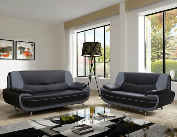 WHITE LABEL - Living room-WHITE LABEL-Ensemble de canapé 3+2 en simili cuir noir et gris