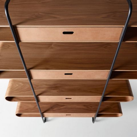 Midj - Bookcase-Midj-APELLE - étagère noyer avec tiroirs cuir H173 cm