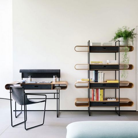 Midj - Bookcase-Midj-APELLE - étagère noyer avec tiroirs cuir H173 cm
